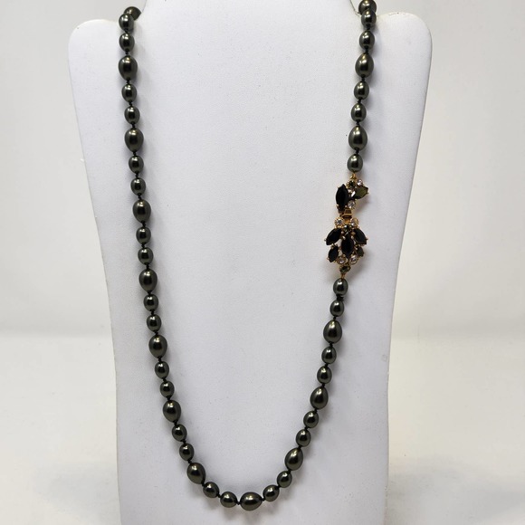 Gunmetal Gray Glass Bead Strand Long Necklace Black Rhinestone Clasp Hand Knot - Picture 1 of 5